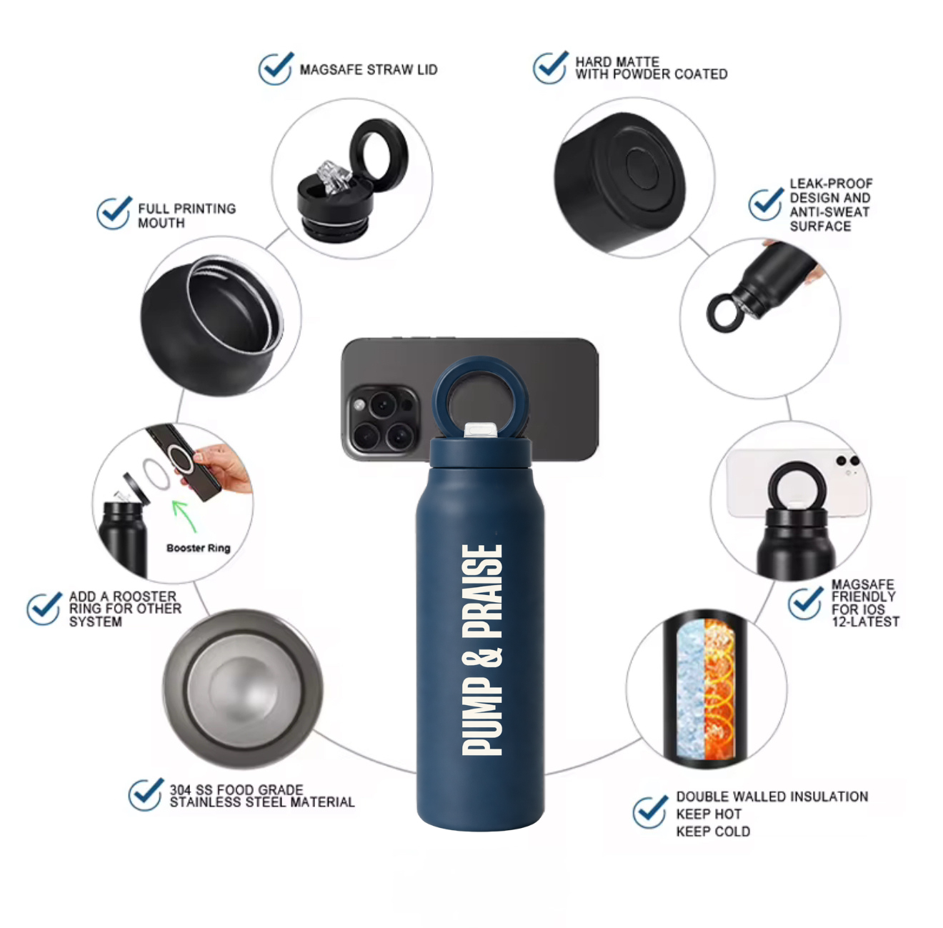 PUMP & PRAISE MIDNIGHT BLUE MAGNETIC LID STAINLESS STEEL BOTTLE