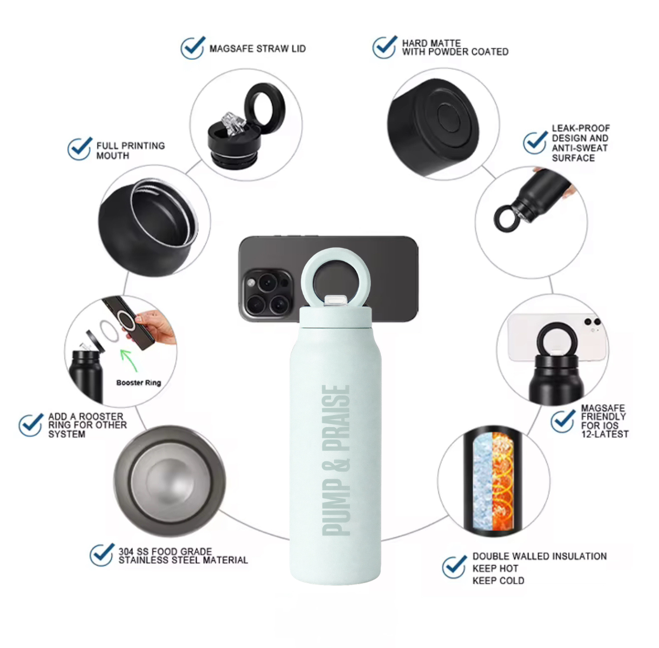 PUMP & PRAISE MIST BLUE MAGNETIC LID STAINLESS STEEL BOTTLE
